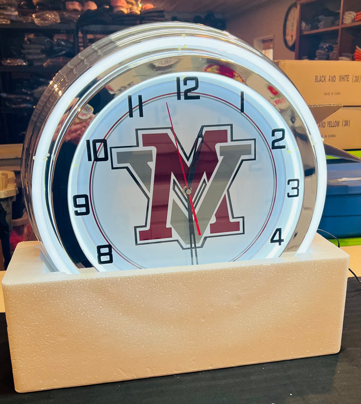 Mount Vernon "MV" Custom Neon Clock Chrome with White Neon