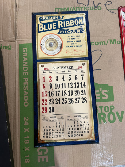 Blue Ribbon 1957 Cigar Calendar and Thermometer
