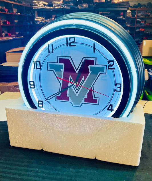 Mount Vernon "MV" Custom Neon Clock Black with White Neon
