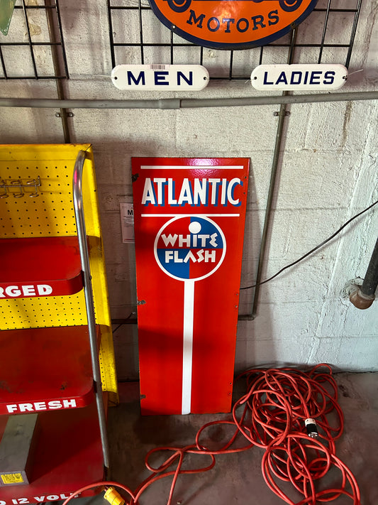 Atlantic 1940s White Flash Single Sided Porcelain Gas Pump Door Plate